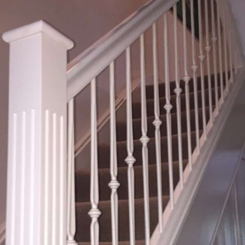 Square fluted newel post with white Regal spindles