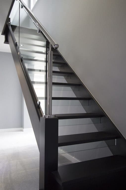 Polished Steel Staircase with Black Oak Tread and Glass Risers