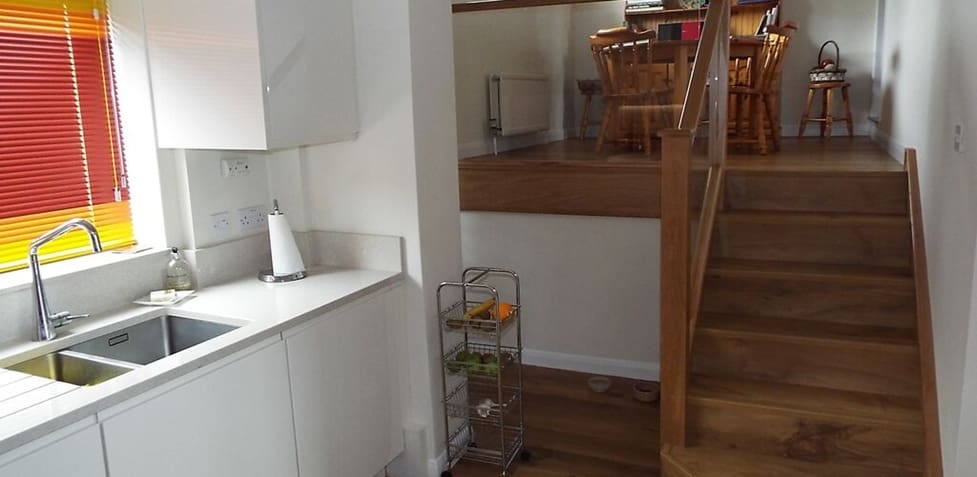 split level kitchen diner with oak & glass