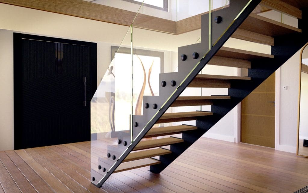 new metal staircase made from black power coated steel steel with frameless glass balustrade and oak treads