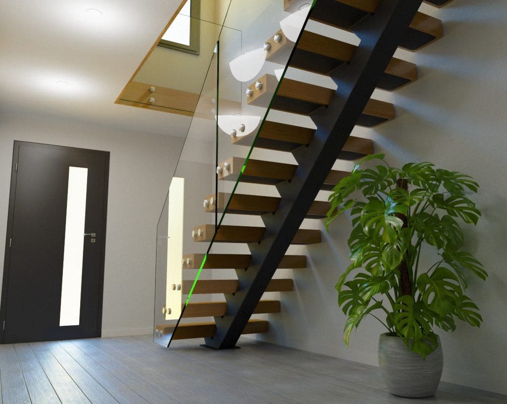 new metal staircase made from black power coated steel steel with frameless glass balustrade and oak treads