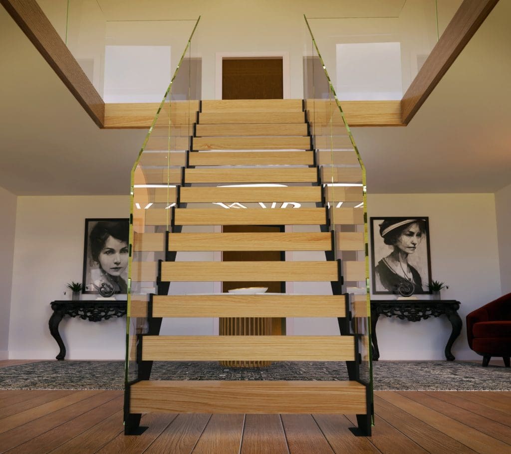 new metal staircase made from black power coated steel steel with frameless glass balustrade and oak treads
