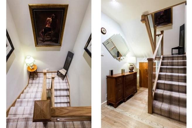 A homely hallway now has a perfectly in-keeping homely staircase with oak & clamped glass.