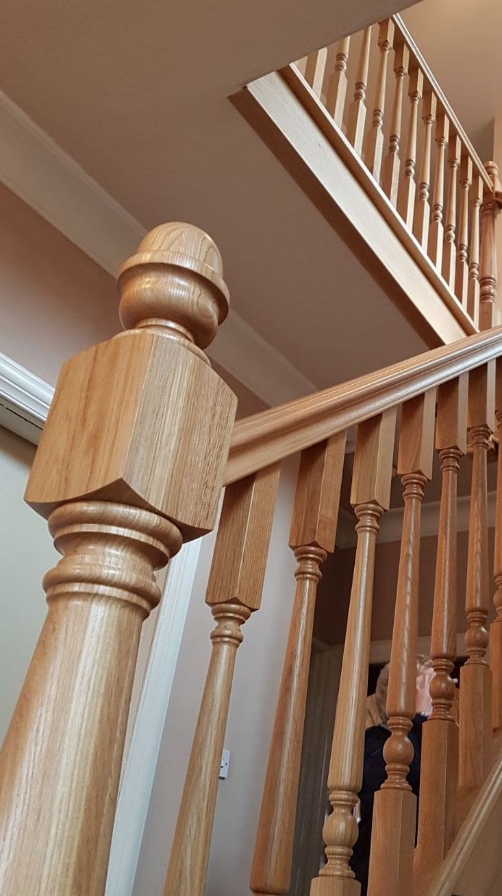 Traditional turned oak spindles and newel posts with acorn newel tops allow this staircase refurbishment in North Shields to maintain the period feel of this property.