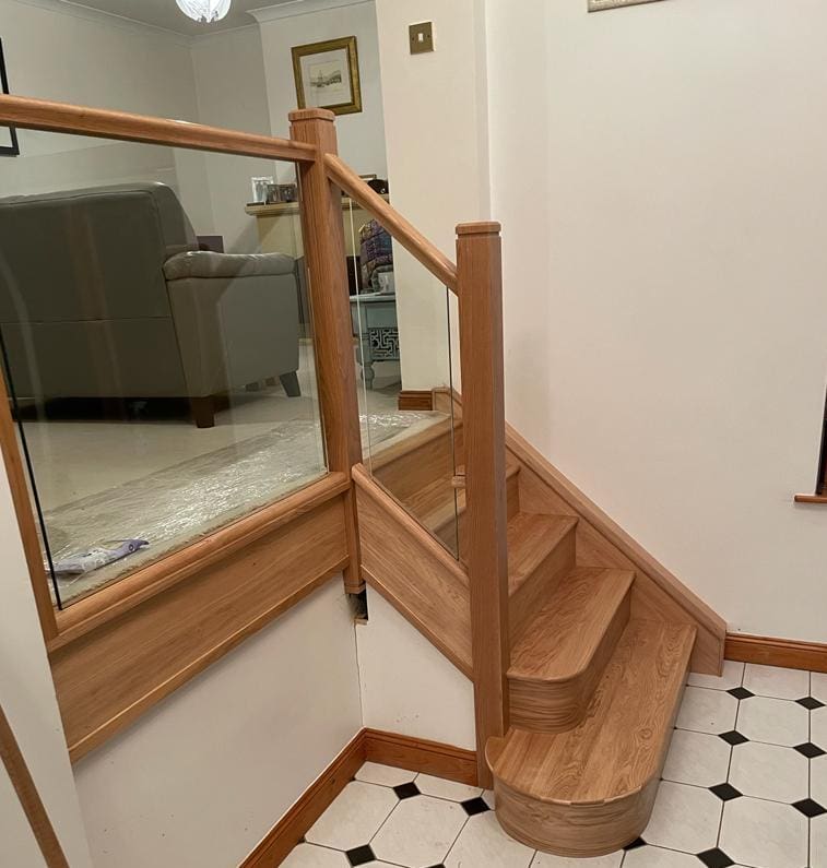 split level living room with oak & glass